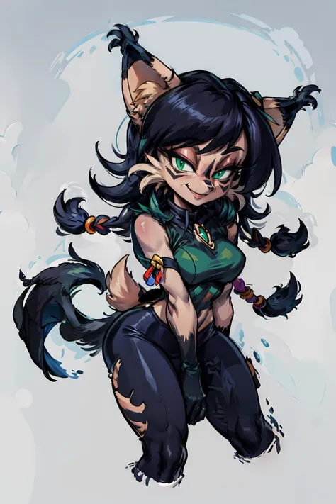 <lora:nicolethelynx-v1-locon:1> nicolethelynx, lynx girl, green eyes, black hair, facial markings, hair beads, , furry, furry female, anthro, 1girl, lynx, solo, tail, fur, smile