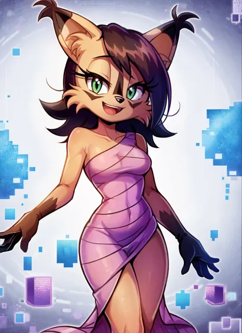 nicolethelynx, (best quality, masterpiece:1), furry female anthro, single-shoulder dress, purple wrap dress, standing, looking at viewer, open mouth, smile, (digital abstract background:1.2), <lora:nicolethelynx-v1-locon:1>