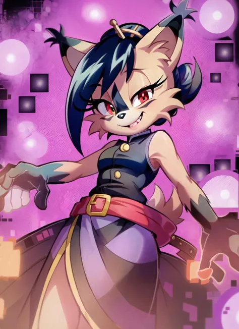 nicolethelynx, ironnichole (best quality, masterpiece:1), furry female anthro, short hair, red eyes, hair bun, (hair stick:1.2), (irondress, black sleeveless shirt, long striped skirt, red belt:1.2), standing, looking at viewer, grin, (digital abstract background:1.2), <lora:nicolethelynx-v1-locon:1>