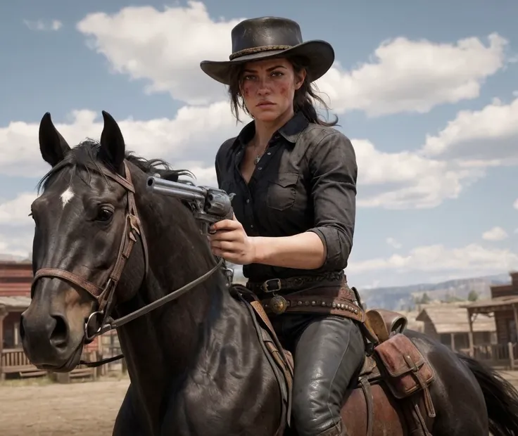action shot, realistic photo, realistic anatomy, western town, western scene, riding a black horse, sky with clouds, female outlaw, cowboy hat, big cleavage, gun, raw photo, used torn clothes, freckles, detailed face, detailed skin, shiny skin, <lora:add_detail:0.5>, <lora:Red Dead Redemption style:0.5>, (Red Dead Redemption style), <lora:Pistolero:0.6>, Holding a pistol in her left detailed hand, 8k, uhd, insane details, award-winning photo <lora:d\EnvyActionShotXL01:0.4>, 8k, UHD, DSLR, insane details, award-winning photo, view from side below