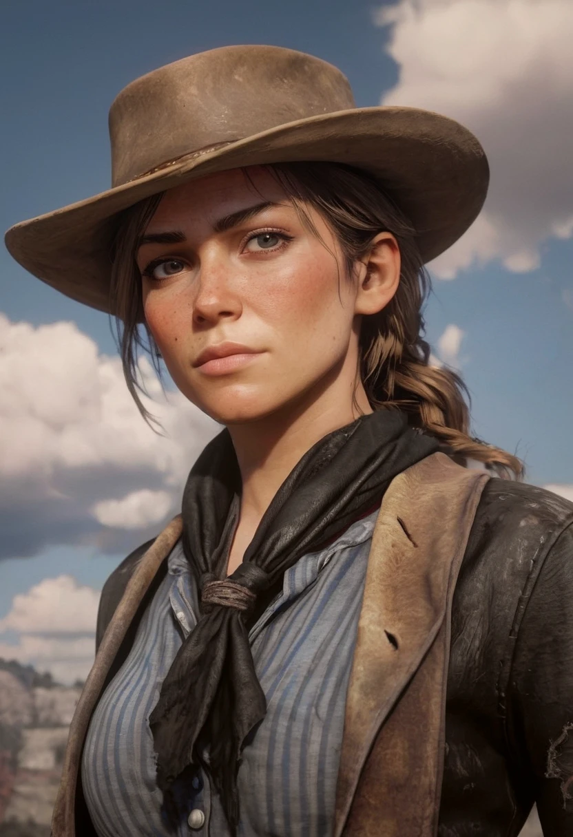 realistic photo, shiny skin, western scene, sky with clouds, female outlaw, busty, big cleavage, small black scarf, raw photo, used torn clothes, detailed face, detailed skin, <lora:add_detail:0.5>, <lora:Red Dead Redemption style:0.5>, Red Dead Redemption style, 8k, UHD, DSLR, insane details, award-winning photo