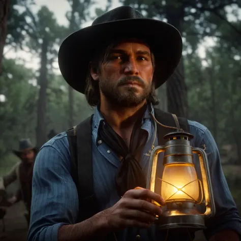 criar o arthur morgan do red dead 2, sozinho, em um cenario do velho oeste, com o clima, tempo, nublado com raios, holding a baby in your arms, enrolado em um tecido branco, com chapeu preto estilo cowboy