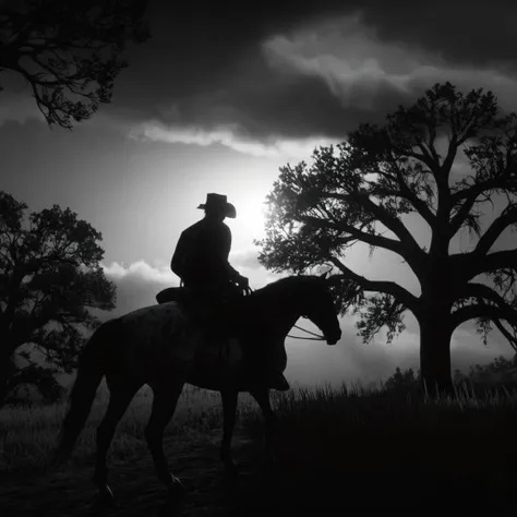 cinematic film still of <lora:Red Dead Redemption style:1>
a man riding a horse on a dark night,1boy,hat,monochrome,greyscale,outdoors,sky,cloud,from behind,tree,cloudy sky,grass,scenery,silhouette,riding,dark,horse , epic, Western, adventures, outlaw, Red Dead, Western United States, wild west, cowboy, cowgirl, Open world, 1900's, realistic, cinematic, film look, dramatic light, partially covered in shadows, gang, Western-themed action-adventure, Red Dead Redemption style, shallow depth of field, vignette, highly detailed, high budget, bokeh, cinemascope, moody, epic, gorgeous, film grain, grainy