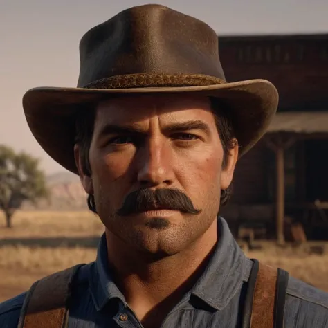 cinematic film still of cinematic film still of <lora:Red Dead Redemption style:1>
Sheriff a man with a mustache and a hat,solo,looking at viewer,simple background,shirt,1boy,hat,brown eyes,closed mouth,male focus,collared shirt,facial hair,portrait,realistic,mustache,brown headwear , epic, Western, adventures, outlaw, Red Dead, Western United States, wild west, cowboy, cowgirl, Open world, 1900's, realistic, cinematic, film look, dramatic light, partially covered in shadows, gang, Western-themed action-adventure, Red Dead Redemption style, shallow depth of field, vignette, highly detailed, high budget, bokeh, cinemascope, moody, epic, gorgeous, film grain, grainy