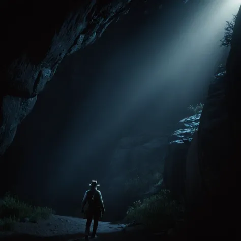 cinematic film still of cinematic film still of  <lora:Red Dead Redemption style:1>
a dark cave with a light shining in the dark,1girl,solo,scenery,light,dark , epic, Western, adventures, outlaw, Red Dead, Western United States, wild west, cowboy, cowgirl, Open world, 1900's, realistic, cinematic, film look, dramatic light, partially covered in shadows, gang, Western-themed action-adventure, Red Dead Redemption style, shallow depth of field, vignette, highly detailed, high budget, bokeh, cinemascope, moody, epic, gorgeous, film grain, grainy