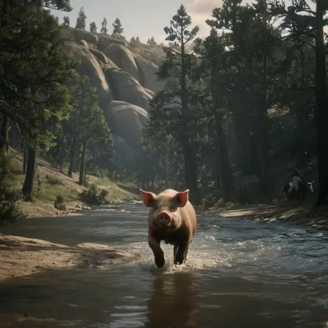 cinematic film still of <lora:Red Dead Redemption style:1>
a pig is walking across a river in the woods,outdoors,day,water,tree,no humans,animal,rope,nature,scenery,forest,pig , epic, Western, adventures, outlaw, Red Dead, Western United States, wild west, cowboy, cowgirl, Open world, 1900's, realistic, cinematic, film look, dramatic light, partially covered in shadows, gang, Western-themed action-adventure, Red Dead Redemption style, shallow depth of field, vignette, highly detailed, high budget, bokeh, cinemascope, moody, epic, gorgeous, film grain, grainy