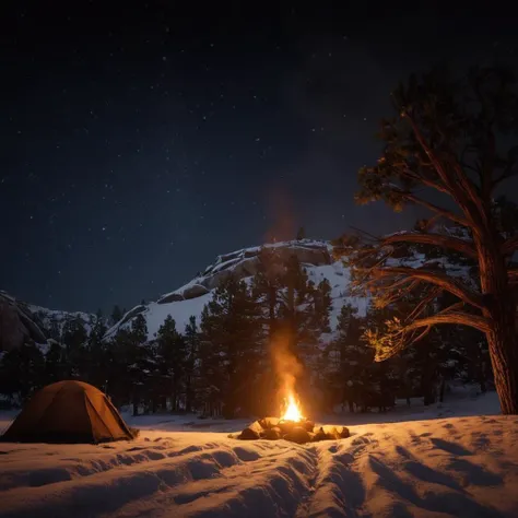 cinematic film still of  <lora:Red Dead Redemption style:1>
a tent is lit up in the snow,holding,standing,outdoors,sky,from behind,tree,night,fire,star (sky),night sky,scenery,snow,starry sky,mountain,ambiguous gender,campfire , epic, Western, adventures, outlaw, Red Dead, Western United States, wild west, cowboy, cowgirl, Open world, 1900's, realistic, cinematic, film look, dramatic light, partially covered in shadows, gang, Western-themed action-adventure, Red Dead Redemption style, shallow depth of field, vignette, highly detailed, high budget, bokeh, cinemascope, moody, epic, gorgeous, film grain, grainy