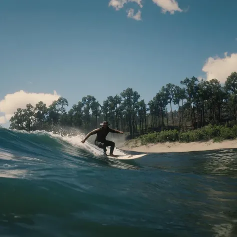 cinematic film still of <lora:Red Dead Redemption style:1>
a person on a surfboard riding a wave,outdoors,sky,day,cloud,water,tree,blue sky,no humans,ocean,beach,scenery,horizon,waves,shore,island , epic, Western, adventures, outlaw, Red Dead, Western United States, wild west, cowboy, cowgirl, Open world, 1900's, realistic, cinematic, film look, dramatic light, partially covered in shadows, gang, Western-themed action-adventure, Red Dead Redemption style, shallow depth of field, vignette, highly detailed, high budget, bokeh, cinemascope, moody, epic, gorgeous, film grain, grainy