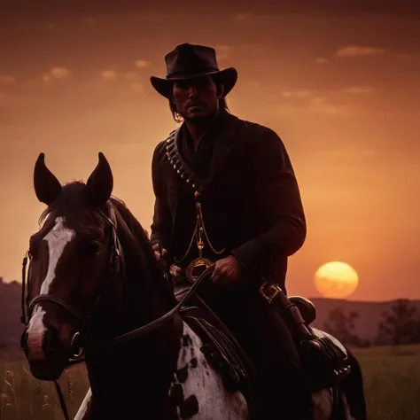 cinematic film still of <lora:Red Dead Redemption style:1>
a man riding a horse in a field at sunset,solo,1boy,hat,male focus,outdoors,sky,from side,bird,animal,moon,grass,scenery,1other,sunset,sun,silhouette,riding,horse,orange sky,horseback riding,red sky , epic, Western, adventures, outlaw, Red Dead, Western United States, wild west, cowboy, cowgirl, Open world, 1900's, realistic, cinematic, film look, dramatic light, partially covered in shadows, gang, Western-themed action-adventure, Red Dead Redemption style, shallow depth of field, vignette, highly detailed, high budget, bokeh, cinemascope, moody, epic, gorgeous, film grain, grainy