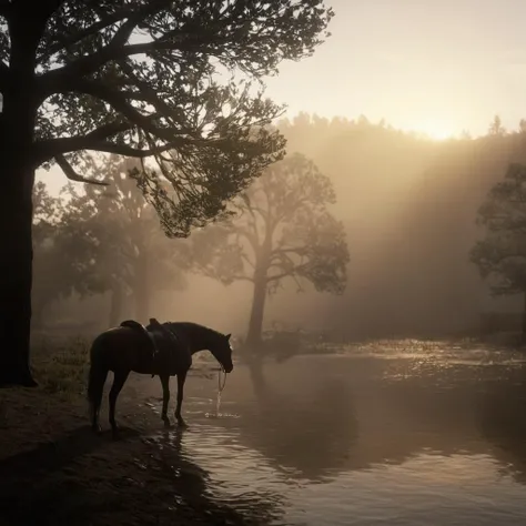 cinematic film still of cinematic film still of <lora:Red Dead Redemption style:1>
a horse drinking water from a lake in the fog,outdoors,water,blurry,tree,no humans,animal,letterboxed,nature,scenery,reflection,sunset,sun,silhouette,lake,deer , epic, Western, adventures, outlaw, Red Dead, Western United States, wild west, cowboy, cowgirl, Open world, 1900's, realistic, cinematic, film look, dramatic light, partially covered in shadows, gang, Western-themed action-adventure, Red Dead Redemption style, shallow depth of field, vignette, highly detailed, high budget, bokeh, cinemascope, moody, epic, gorgeous, film grain, grainy