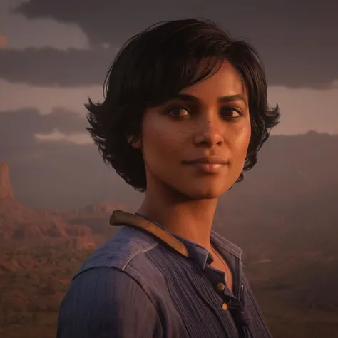 anime artwork of cinematic film still of  <lora:Red Dead Redemption style:1>
Tilly Jackson a cartoon character of a woman with a short black hair,1girl,solo,smile,short hair,simple background,brown hair,black hair,white background,brown eyes,upper body,short sleeves,dark skin,dark-skinned female,lips,looking to the side,own hands together,curly hair,very dark skin , epic, Western, adventures, outlaw, Red Dead, Western United States, wild west, cowboy, cowgirl, Open world, 1900's, realistic, cinematic, film look, dramatic light, partially covered in shadows, gang, Western-themed action-adventure, Red Dead Redemption style, anime style, key visual, vibrant, studio anime,  highly detailed