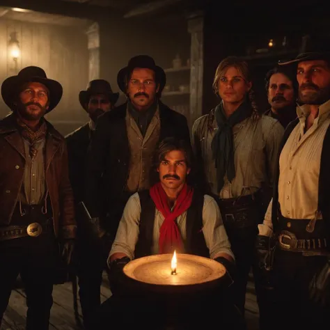 cinematic film still of cinematic film still of <lora:Red Dead Redemption style:1>
a group of people standing around a candle,looking at viewer,shirt,black hair,gloves,hat,holding,sitting,standing,jacket,multiple boys,black gloves,pants,indoors,scarf,facial hair,chair,black pants,crossed arms,beard,6+boys,red scarf,mustache , epic, Western, adventures, outlaw, Red Dead, Western United States, wild west, cowboy, cowgirl, Open world, 1900's, realistic, cinematic, film look, dramatic light, partially covered in shadows, gang, Western-themed action-adventure, Red Dead Redemption style, shallow depth of field, vignette, highly detailed, high budget, bokeh, cinemascope, moody, epic, gorgeous, film grain, grainy