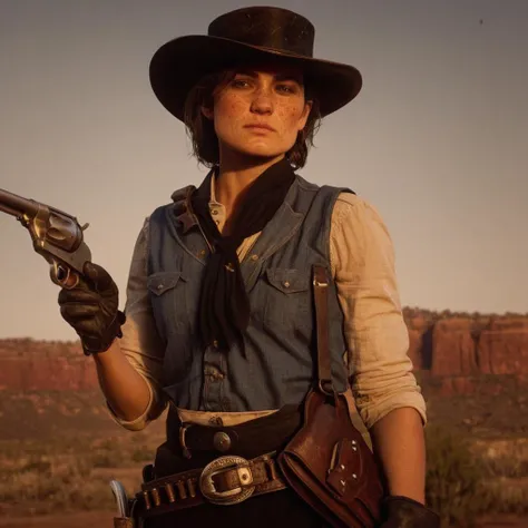 cinematic film still of <lora:Red Dead Redemption style:1>
a woman in a cowboy outfit holding a gun,1girl,solo,short hair,brown hair,shirt,gloves,hat,holding,brown eyes,weapon,cowboy shot,outdoors,choker,belt,bag,holding weapon,mole,blurry,vest,lips,gun,looking to the side,blurry background,holding gun,mole under mouth,buckle,handgun,sleeves rolled up,backlighting,freckles,sunset,belt buckle,realistic,brown belt,red choker,holster,cowboy hat,revolver,brown vest,desert,cowboy western,holstered weapon , epic, Western, adventures, outlaw, Red Dead, Western United States, wild west, cowboy, cowgirl, Open world, 1900's, realistic, cinematic, film look, dramatic light, partially covered in shadows, gang, Western-themed action-adventure, Red Dead Redemption style, shallow depth of field, vignette, highly detailed, high budget, bokeh, cinemascope, moody, epic, gorgeous, film grain, grainy