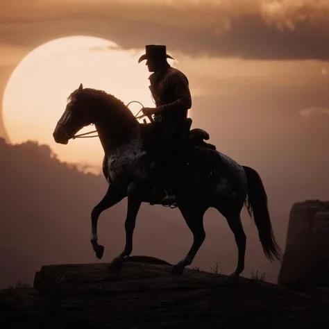 cinematic film still of cinematic film still of  <lora:Red Dead Redemption style:1>
a man riding a horse on top of a cliff,solo,monochrome,outdoors,sky,cloud,from side,scenery,sunset,riding,orange theme , epic, Western, adventures, outlaw, Red Dead, Western United States, wild west, cowboy, cowgirl, Open world, 1900's, realistic, cinematic, film look, dramatic light, partially covered in shadows, gang, Western-themed action-adventure, Red Dead Redemption style, shallow depth of field, vignette, highly detailed, high budget, bokeh, cinemascope, moody, epic, gorgeous, film grain, grainy