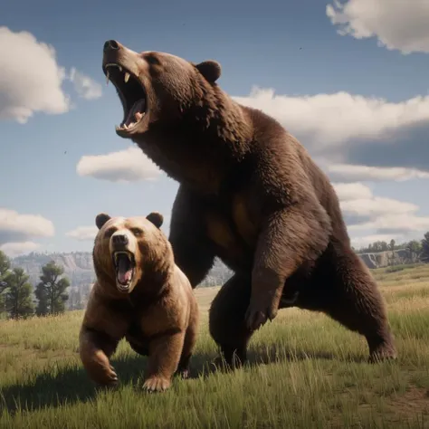 Hyperrealistic art of  <lora:Red Dead Redemption style:1>
two large animals fighting in a field,open mouth,outdoors,sky,teeth,day,blue sky,no humans,animal,fangs,grass,sharp teeth,realistic,bear , epic, Western, adventures, outlaw, Red Dead, Western United States, wild west, cowboy, cowgirl, Open world, 1900's, realistic, cinematic, film look, dramatic light, partially covered in shadows, gang, Western-themed action-adventure, Red Dead Redemption style, Extremely high-resolution details, photographic, realism pushed to extreme, fine texture, incredibly lifelike