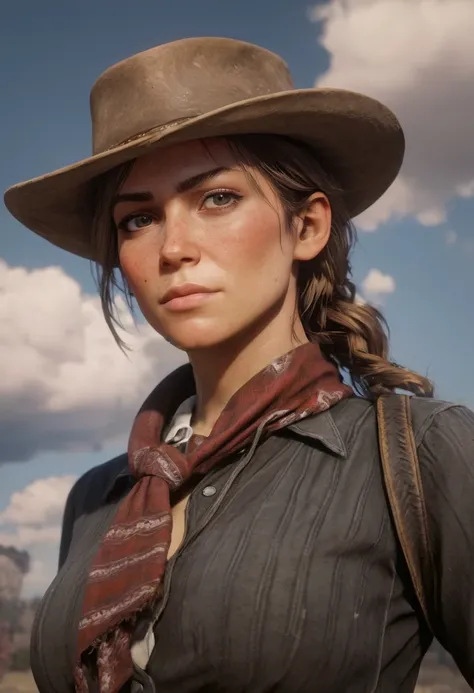 realistic photo, shiny skin, western scene, sky with clouds, female outlaw, busty, big cleavage, small black scarf, raw photo, <lora:add_detail:0.5>, <lora:Red Dead Redemption style:0.5>, Red Dead Redemption style, 8k, UHD, DSLR, insane details, award-winning photo