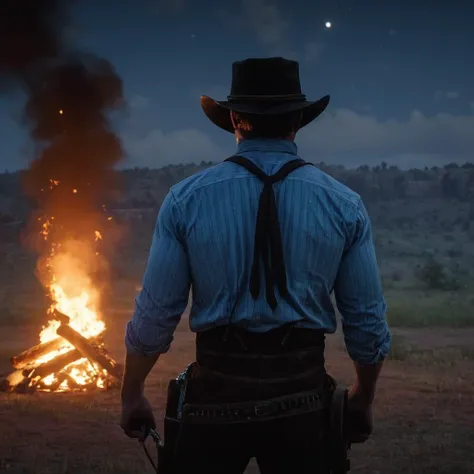 cinematic film still of cinematic film still of  <lora:Red Dead Redemption style:1>
a man in a cowboy hat and a tie standing in front of a fire,solo,shirt,black hair,long sleeves,1boy,hat,holding,standing,weapon,male focus,outdoors,sky,striped,belt,pants,from behind,gun,night,suspenders,grass,fire,blue shirt,night sky,facing away,field,embers , epic, Western, adventures, outlaw, Red Dead, Western United States, wild west, cowboy, cowgirl, Open world, 1900's, realistic, cinematic, film look, dramatic light, partially covered in shadows, gang, Western-themed action-adventure, Red Dead Redemption style, shallow depth of field, vignette, highly detailed, high budget, bokeh, cinemascope, moody, epic, gorgeous, film grain, grainy