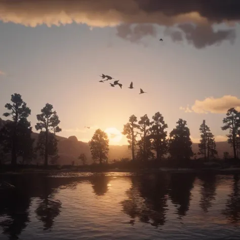 cinematic film still of <lora:Red Dead Redemption style:1>
a flock of birds flying over a lake at sunset,outdoors,sky,cloud,tree,no humans,bird,cloudy sky,nature,scenery,forest,sunset,mountain,flock , epic, Western, adventures, outlaw, Red Dead, Western United States, wild west, cowboy, cowgirl, Open world, 1900's, realistic, cinematic, film look, dramatic light, partially covered in shadows, gang, Western-themed action-adventure, Red Dead Redemption style, shallow depth of field, vignette, highly detailed, high budget, bokeh, cinemascope, moody, epic, gorgeous, film grain, grainy