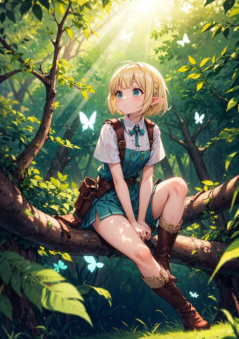 ((solo:1.2)),elf girl sitting on branch in forest,(wide shot magnificent view:1.2),from above,looking up,ground,shiny hair blonde hair blunt bangs,(dappled sunlight:1.2),blurry,(depth of field:1.1), boots,leaf,butterfly