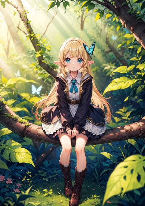 ((solo:1.2)),elf girl sitting on branch in forest,(wide shot magnificent view:1.2),from above,looking up,ground,shiny hair blonde hair blunt bangs,(dappled sunlight:1.2),blurry,(depth of field:1.1), boots,leaf,butterfly