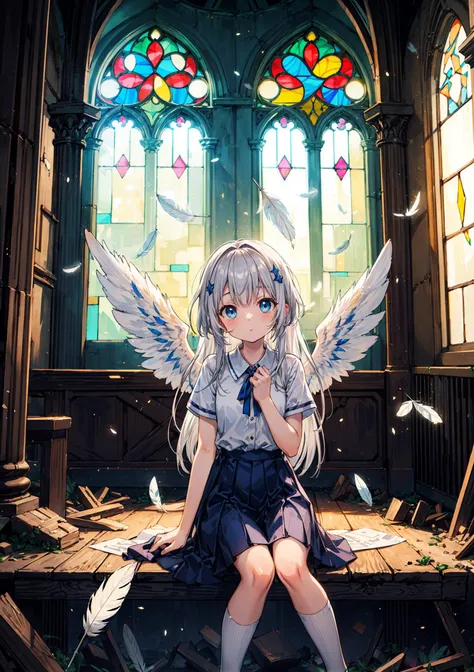 cute girl sitting, in (an abandoned church:1.2),(debris:1.2),(stained glass),(Angel Wings:1.3),pillar,canopy,silver hair,long hair,blue eyes,(light particles), (feathers:1.3),(faint sunlight coming through the windows),dark atmosphere,(looking at viewer:1.3),cowboy shot