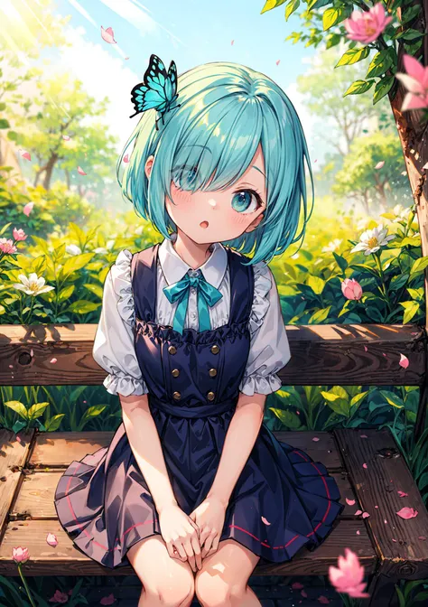 ((solo:1.2)),cute girl sitting on bench in garden,frilled dirndl,from above,looking up,cobblestone pavement,aqua hair,fine bob cut,(hair over one eye),(dappled sunlight:1.2),blurry,(depth of field:1.1),head tilt,:o,(petals),tree,butterfly