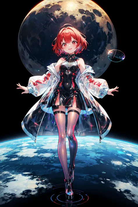 absurdres,highres,full body,
1 girl,solo,small perky breasts,(madder red hair),(short hair),(wavy hair ends),asymmetrical bangs,beautiful red eyes,red eyes,ruby textured pupils,(smiley and round eyes),long eyelashes,
(transparent holographic PVC vinyl  dress:1.3),on moon surface,(earth from space),colorful light source,high reflection tights,high reflective transparent coat,galaxy adorns colorful dress,(galaxy color matching Exterior),cinematography,color spot,