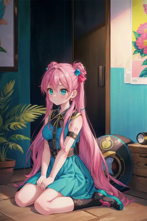 1girl, (dark art designed by Tsuguharu Foujita:0.9) , professional Physically based render, Rule of Thirds, intricate details, aerial shot of a dressed in a very Bright Turquoise Macedonian Opal Dress, Luminescent Doubtful slight [Colombian:Costa Rican:13] ([Kirby:Avril Lavigne:1]:1.3) , she is sitting in a Stale Campfire log, and the genre is Lo-Fi she is feeling very shy, looking away as a Gunnery Sergeant, she has Albanian hair, Kirby has a Gentle Belarusian Bronze face Tattoo, Touching Face Mask, from inside of a Emerging Skyscraper, dark pink flowers and city street, at Sunset, equirectangular 360, Tranquil, Suprematism, Sunlight, pinhole lens, Film Washi, poster art, Lime green details, detailed skin, sharp, dslr, award winning