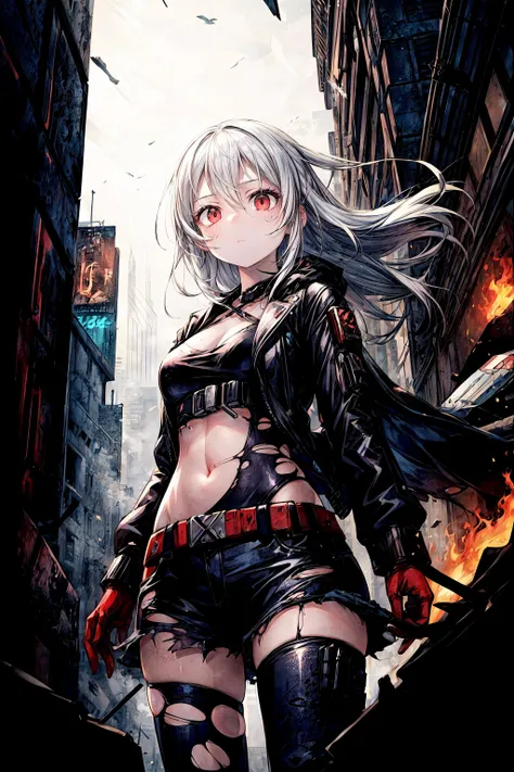 1girl, character focus, looking at viewer, red eyes, long hair, white hair, expressionless, defiant, torn clothes, undead, cyberpunk\(theme\), cowboy shot, wind, fire, city ruins, fog, dynamic angle, from below, close-up