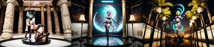 (otherworldly, otherworldly atmosphere, otherworldly appearance), highly insanely detailed, masterpiece, top quality, best quality, highres, 4k, 8k, RAW photo, 
((ancient egyptian theme:1.2)), Hong Kong structure, building, structure, taiwan, korean, 
swirling energy, 
tentacle, 
(underwater), 
reflection, reflective floor, 
abandoned building, overgrown with vegetation, [volumetric fog], cinematic lighting, colorful, colourful, 
(long_hair, long hair, random colors hair, glowing hair, hair over one eye, long messy hair), 
(eyelashes, eyeliner, eyeshadow, eyelashes, long eyelashes), 
collar, earrings, jewelry, necklace, armlet, 
high-heels, 
nsfw, 
cleavage, perfect female body, makeup, 
action pose, 
drunk, biting, 
dawn, 
GrabelHxH, 1girl, solo, short hair, blonde hair, large breasts, red eyes, navel, bare shoulders, red necktie, sleeveless, midriff, dark skin, hair over one eye, dark-skinned female, crop top, underboob, miniskirt, fingerless gloves, thigh strap, peaked cap, aiguillette, 
<lora:GrabelHxH-10:0.8>, (fantasy world)