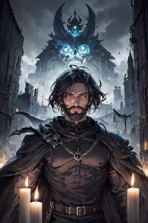 absurdres, highres, (official art, beautiful and aesthetic:1.2), zentangle, kaleidoscope,
(1man, muscular, adult jewish male:1.2), turquoise eyes, auburn long beard,
solo, upper body, looking at viewer, detailed background, detailed face, (<lora:style_boneyardai_v10:0.2>, BoneyardAI, bone theme:1.1) calm, otherworldly glowing eyes, emissary of death, dynamic pose, omen, scythe, decay, floating particles, cold, underworld, crypt in background, ravens in background, mist, wind, candlelight, mysterious lighting, eerie dark atmosphere,