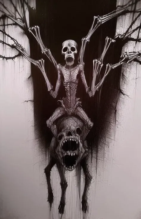 madziowa_p drawing of a skeleton riding on a horse in the woods, dendrophobia, plants, oversized mushrooms, fungus, vines, roots, DREAD, horror, dark art, best quality, dramatic lighting, detailed, 8k, film grain, sketch, jaggy lines, charcoal, <lora:magdaPatykJaggyAnd_madziowaP:.8> BoneyardAI, <lora:boneyardai_v10:.6>