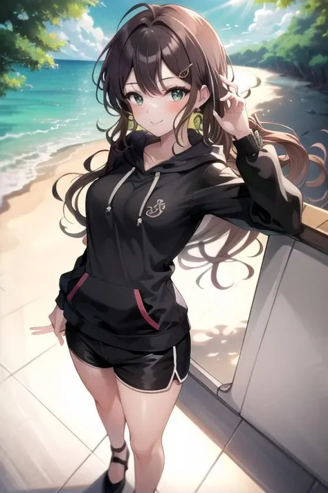 miori, 1girl, solo, breasts, looking at viewer, blush, smile, medium breasts, narrow waist, BREAK standing, full body, double v, BREAK hair ornament, musical note hair ornament, hairclip, long hair, (black hoodie), black shorts, BREAK beach, outdoors <lora:miori-10:0.8>