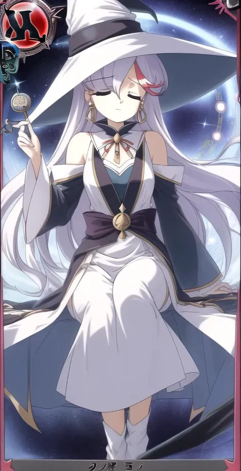 AA, 1girl, solo, looking at viewer, eyes closed, eyes closed shut, (magic circles), (glowing magic circles), witch hat, witch outfit, ((tarot card style)), perfect quality, good quality, masterpiece, HDR, UHD <lora:Akane Aikawa:0.7>