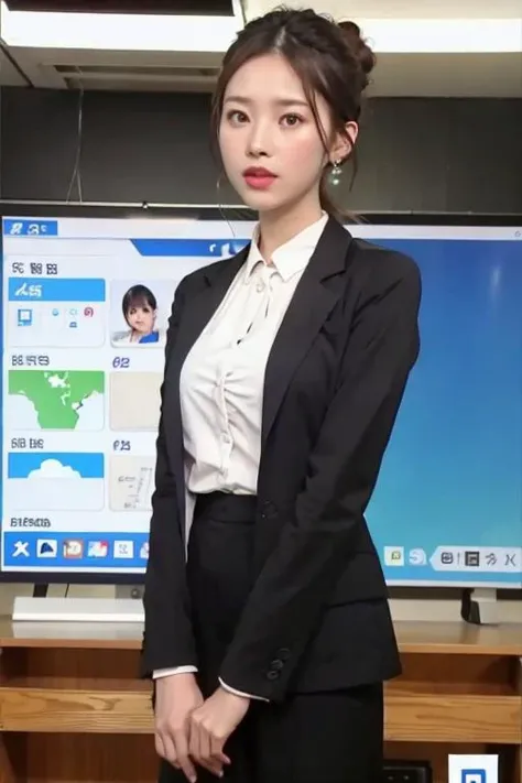 <lora:JPNewsAnchorsInBigScreen:0.7> news anchor in front of big screen, 1girl,solo, long hair, back screen is big which is from the floor to ceiling and left to right
, beautiful face, nikon RAW photo,8 k,Fujifilm XT3,masterpiece, best quality,,realistic, photorealistic,ultra detailed,
diamond stud earrings, long hair in bun, hazel eyes, serious expression, slender figure, wearing a black blazer and white blouse,