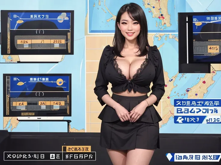 beautiful woman ,1girl, <lora:JPNewsAnchorsInBigScreen:0.7> ,news anchor in front of big screen, solo, blouse,cleavage,black short skirt, looking at viewer,weather report, smile, (bimbostyle:0.4)