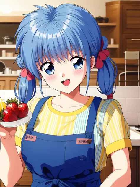 <lora:Nijino_Saki:0.8> NijinoSaki, 1girl, solo, food, fruit, striped shirt, strawberry, striped, holding, shirt, apron, open mouth, twintails, holding food, looking at viewer, smile, short twintails, short sleeves, holding fruit, indoors, yellow shirt, copyright name, green apron, retro artstyle, kitchen, blush, bangs,
on, large_filesize, full color,