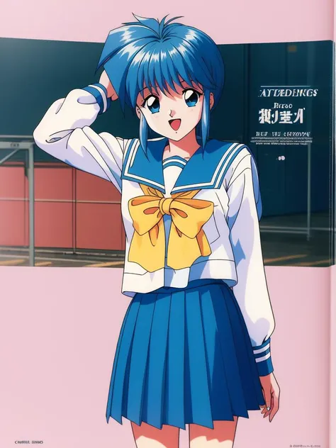 <lora:Nijino_Saki:0.8>NijinoSaki, 1girl, solo, school uniform, 1990s (style), skirt, retro artstyle, character name, serafuku, long sleeves, blue skirt, pleated skirt, open mouth, yellow bow, bow, looking at viewer, smile, sailor collar, standing, arm behind back, arm up, school in the room,
on, large_filesize, full color,