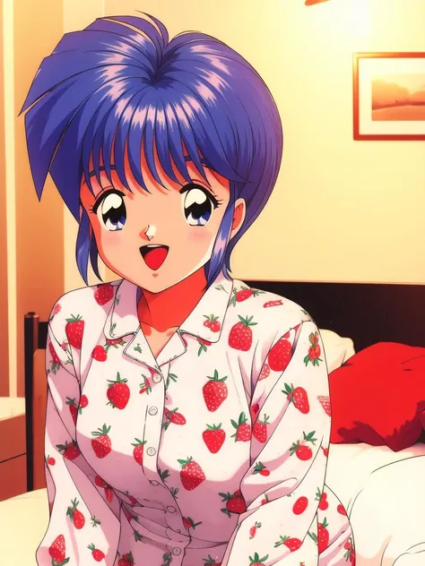 <lora:Nijino_Saki:0.8> NijinoSaki, solo, food print, 1girl, open mouth, retro artstyle, white background, 1990s (style),  strawberry print, fruit, upper body, long sleeves, smile, pajamas,
bed, room,
masterpiece, high quality, very_high_resolution, large_filesize, full color,