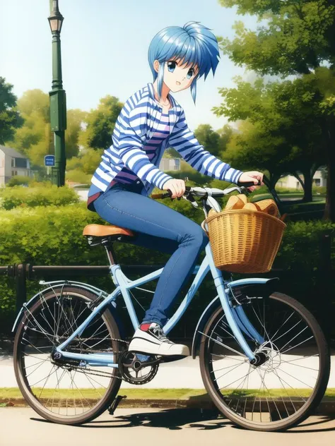<lora:Nijino_Saki:0.8>NijinoSaki, bicycle, 1girl, ground vehicle, pants, outdoors, skirt, striped, long sleeves, jacket, sneakers, striped shirt, shoes, denim, retro artstyle, shirt, hand on another's shoulder, day, jeans, basket,
masterpiece, high quality, very_high_resolution, large_filesize, full color,