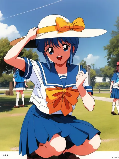 <lora:Nijino_Saki:0.8>NijinoSaki, hat, skirt, school uniform, open mouth, pleated skirt, retro artstyle, sun hat, blue skirt, short sleeves, solo focus, outdoors, multiple girls, hands on headwear, smile, 2girls, squatting, serafuku, 1990s (style), day, bow, 1girl,
park,