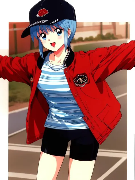 <lora:Nijino_Saki:0.8>NijinoSaki, 1girl, solo, striped shirt, hat, striped, shirt, jacket, baseball cap, open mouth, retro artstyle, bike shorts, long sleeves, outstretched arms, shorts, looking at viewer, spread arms, open clothes, feet out of frame, 1990s (style), open jacket, smile, red jacket, black shorts, clothes writing, bangs,
park,