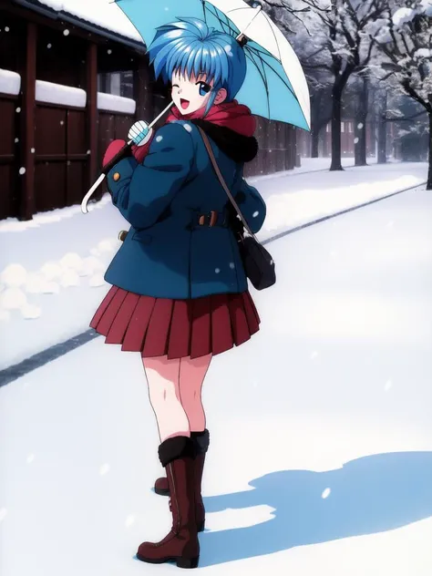 <lora:Nijino_Saki:0.8>NijinoSaki, 1girl, solo, umbrella, retro artstyle, 1990s (style), one eye closed, boots, coat, holding, open mouth, skirt, mittens, long sleeves, full body, holding umbrella, standing, copyright name, looking at viewer, snow, winter clothes, smile, looking back, leg up, standing on one leg, pleated skirt, snowing, bangs,
masterpiece, high quality, very_high_resolution, large_filesize, full color,