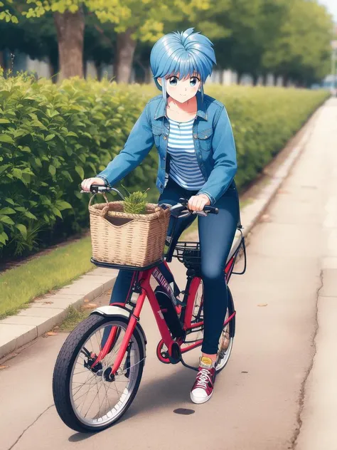 <lora:Nijino_Saki:0.8>NijinoSaki, bicycle, 1girl, ground vehicle, pants, outdoors, skirt, striped, long sleeves, jacket, sneakers, striped shirt, shoes, denim, retro artstyle, shirt, hand on another's shoulder, day, jeans, basket,
masterpiece, high quality, very_high_resolution, large_filesize, full color,