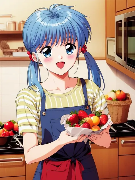 <lora:Nijino_Saki:0.8> NijinoSaki, 1girl, solo, food, fruit, striped shirt, strawberry, striped, holding, shirt, apron, open mouth, twintails, holding food, looking at viewer, smile, short twintails, short sleeves, holding fruit, indoors, yellow shirt, copyright name, green apron, retro artstyle, kitchen, blush, bangs,
on, large_filesize, full color,
