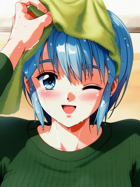 <lora:Nijino_Saki:0.8> NijinoSaki, 1girl, towel, one eye closed, towel on head, blush, solo focus, pov, wet, pov hands, drying hair, sweater, upper body, green shirt, looking at viewer, smile, bangs, long sleeves,
on, large_filesize, full color,