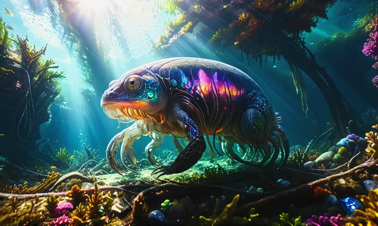 photorealistic, detailed digital illustration of a Amphibious creature with jewel-encrusted carapace at a Coral palace with gem-encrusted walls <lora:xl_more_art-full_v1:0.4>, <lora:ral-colorswirl:0.7> ral-colorswirl, Lens Flare, <lora:RPGMuaghXL:1> muagh