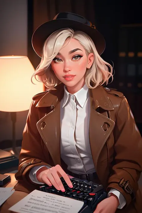 DEN_emma_roseMK2,
(a 1940s private investigator wearing a trench coat and rimmed hat sitting in a drab dank office at the desk using a typewriter, private investigator, 1940s:1.2),
bokeh, f1.4, 40mm, photorealistic, raw, 8k, textured skin, skin pores, intricate details  <lora:epi_noiseoffset2:1>, epiCRealism <lora:ClothingAdjuster3:-1>