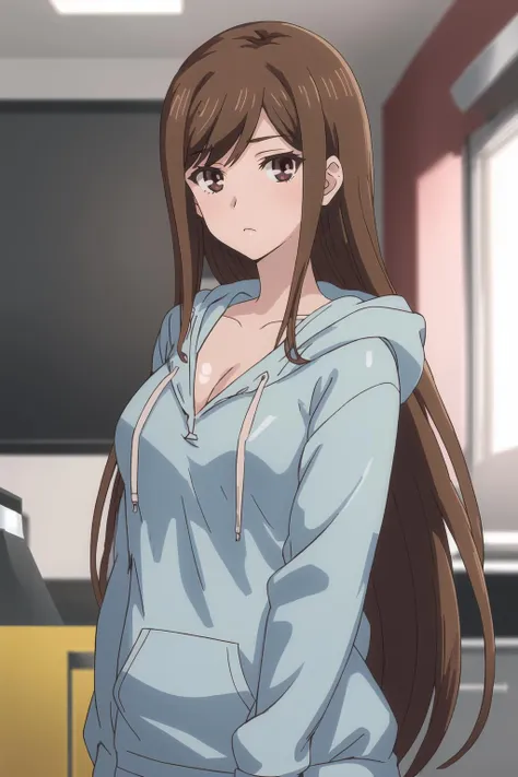 <lora:Ayane_OF:1> ayanedef, brown hair, brown eyes, long hair, looking at viewer, 
upper body, standing, hood down, hoodie, arms at sides, cleavage, 
masterpiece, best quality,