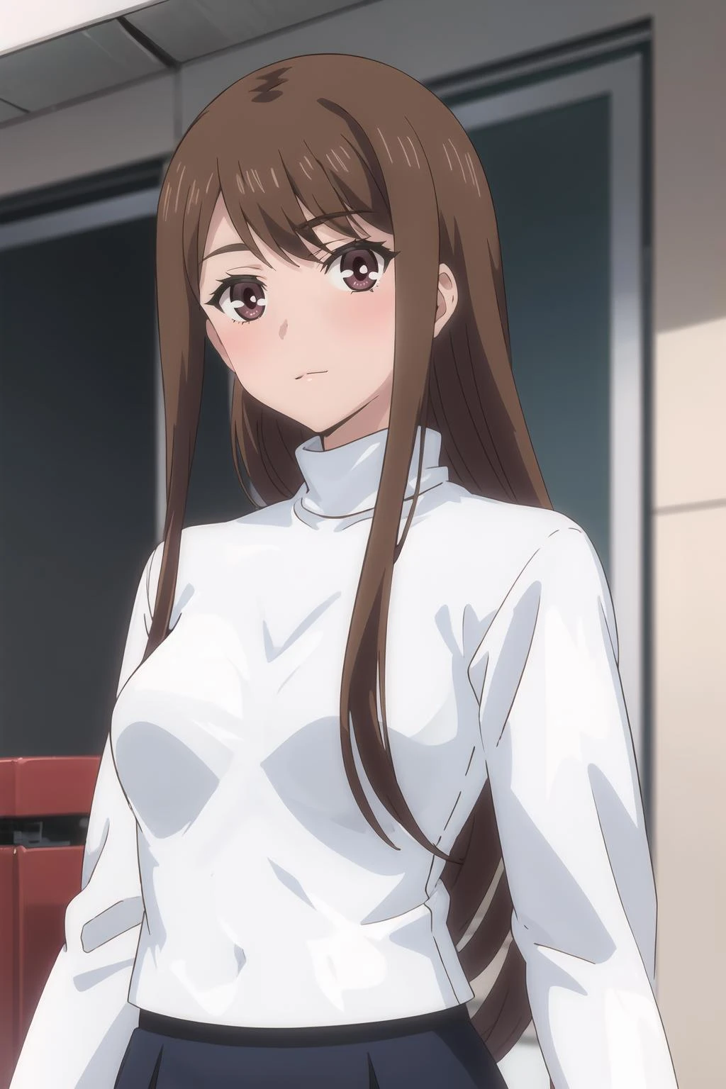 <lora:Ayane_OF:1> ayanedef, brown hair, brown eyes, long hair, looking at viewer,
upper body, standing, white turtleneck, black skirt,long sleeves, light smile, closed mouth, arms at sides,
masterpiece, best quality,